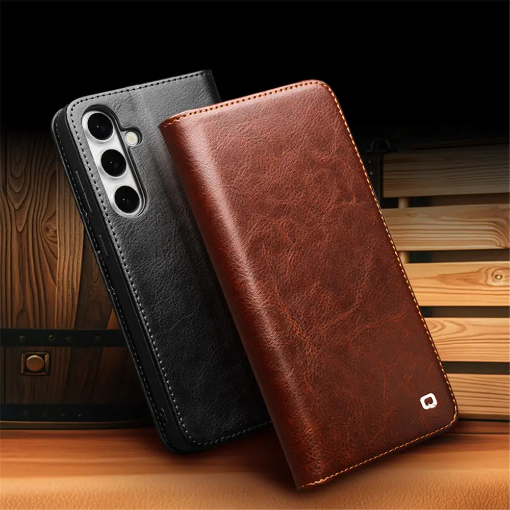 

Genuine Cowhide Leather Flip Case for Samsung Galaxy S24 S25 FE Card Pocket Holder Cover