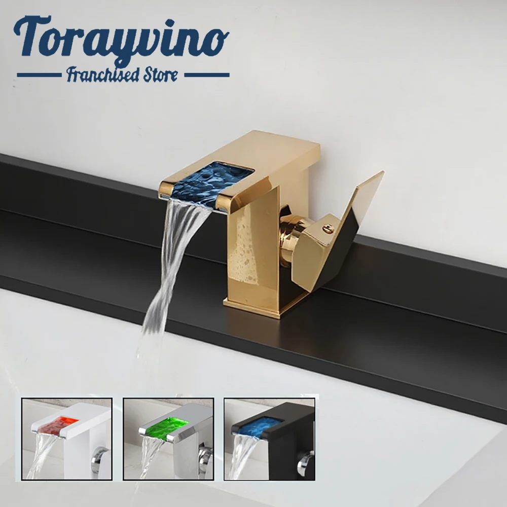 

Torayvino светодиодный смеситель для раковины в ванной комнате, монтируемый на палубе, с одной ручкой, для горячей и холодной воды, с водопадом, смеситель для раковины