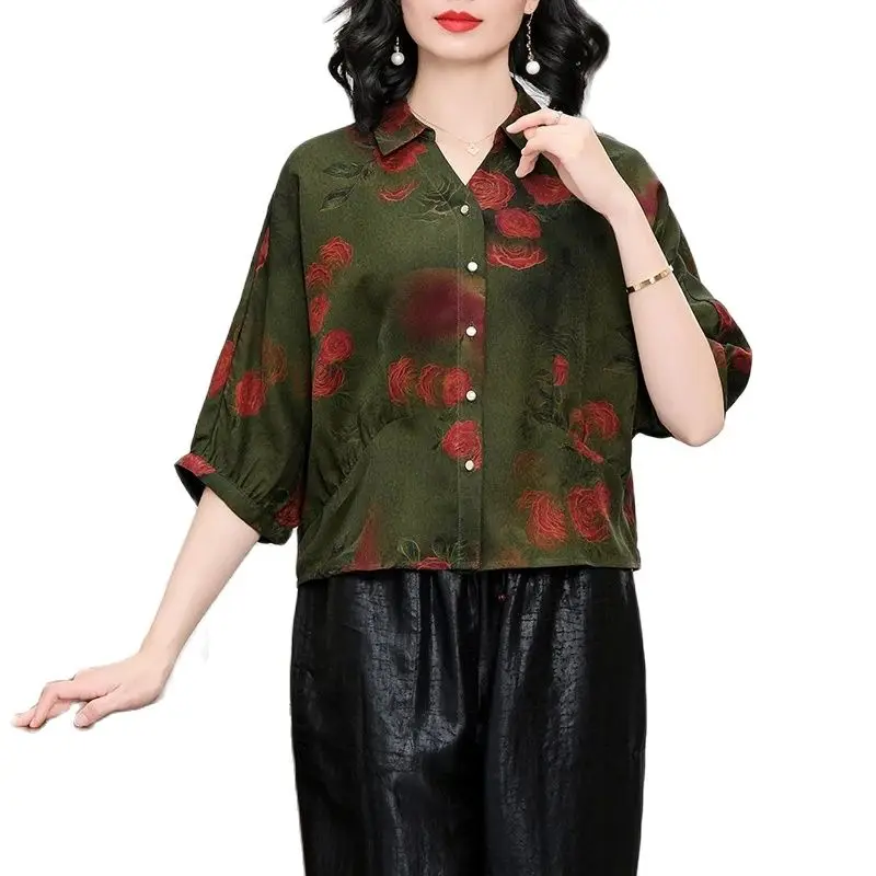 Vogelboom, 100% Echte Zijden Gewaterde Gaasoverhemden, Vrouwen Batwing Mouw Bedrukt, Oversized Moeder Casual Blouse, 2024 Zomer Nieuwe T44487qc