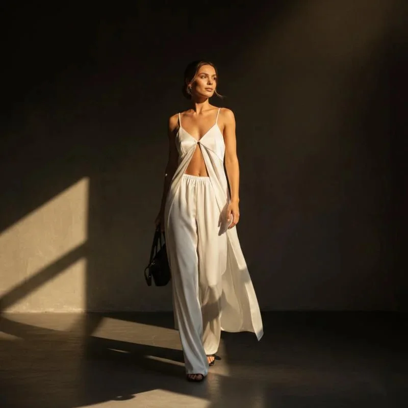 

Fashion Women's Street Two Piece Set Cut Out Spaghetti Strap Cami Top Loose Wide Leg Pants Outfit For Daily Vacation Party Wear