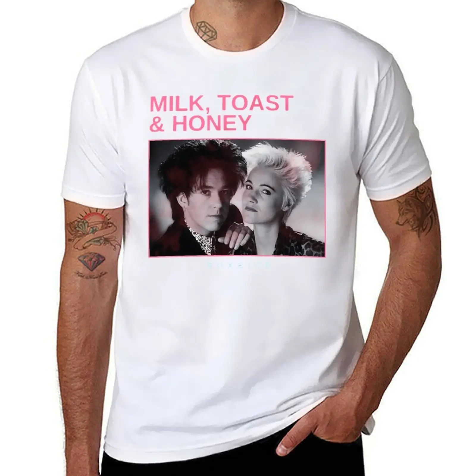 Camiseta minimalista vintage con leche, tostadas y miel, camisetas divertidas de algodón para hombre, camiseta vintage gráfica