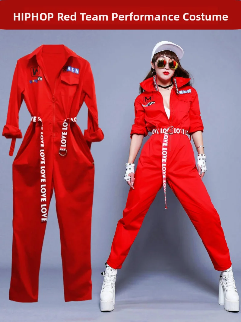 

Red Wind Workwear Jumpsuit Hip Hop Street Dance Competition Women's Group Performance Costume Thin Square Dance Outfit Set