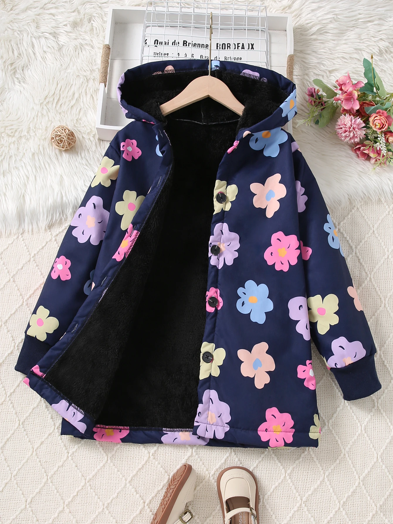 Herbst/Winter-Fleece-warme und kältebeständige Mädchen-Kapuzenjacke mit bunten Blumenmuster, modischer, mittellanger Jackenmantel