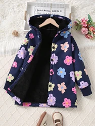 Autumn/Winter Fleece Warm And Cold Proof Girls' Colorful Flower Printed Hooded Jacket Fashionable Mid To Long Length Jacket Coat