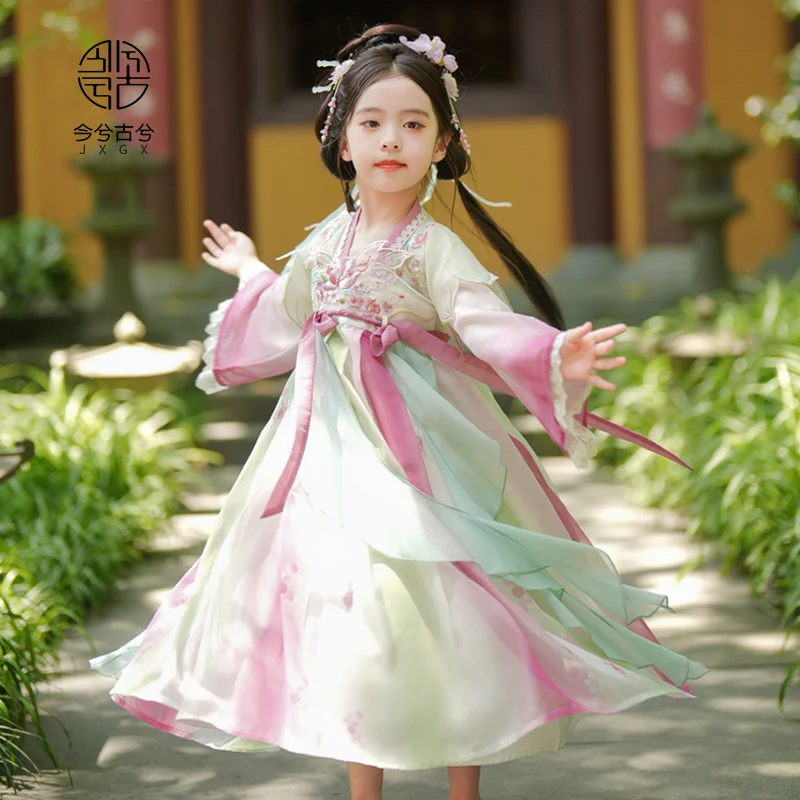 Детское платье Hanfu в китайском стиле на весну и осень 2024, платье принцессы в старинном стиле для девушек, супер сказочное осеннее