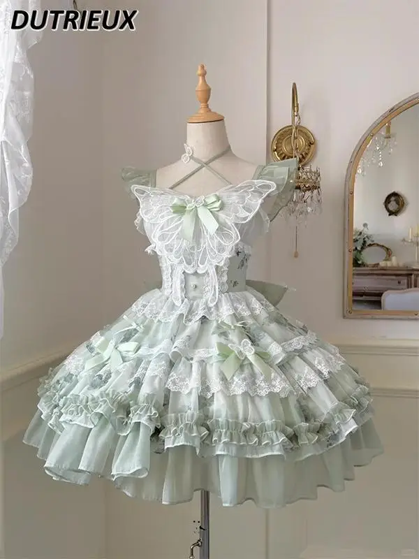 

White-green Butterfly Fresh Princess Girl Birthday Dress Lolita Cute Sweet High-waisted Lace Print Sleeveless Short Dresses