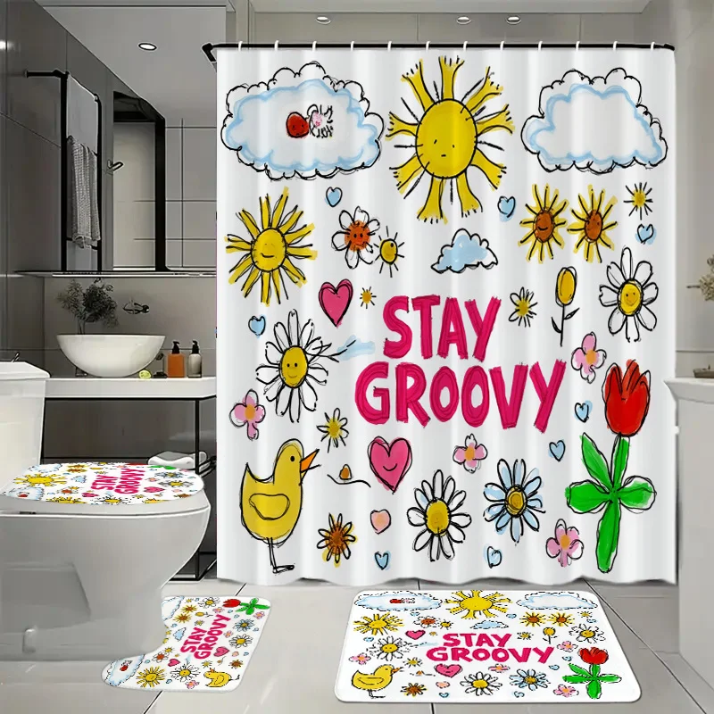 

Набор для ванной комнаты из 4 предметов с занавеской для душа, 12 крючков, напольным ковриком, чехлом на сиденье унитаза и декоративными аксессуарами — «Саншайн и цветочный»