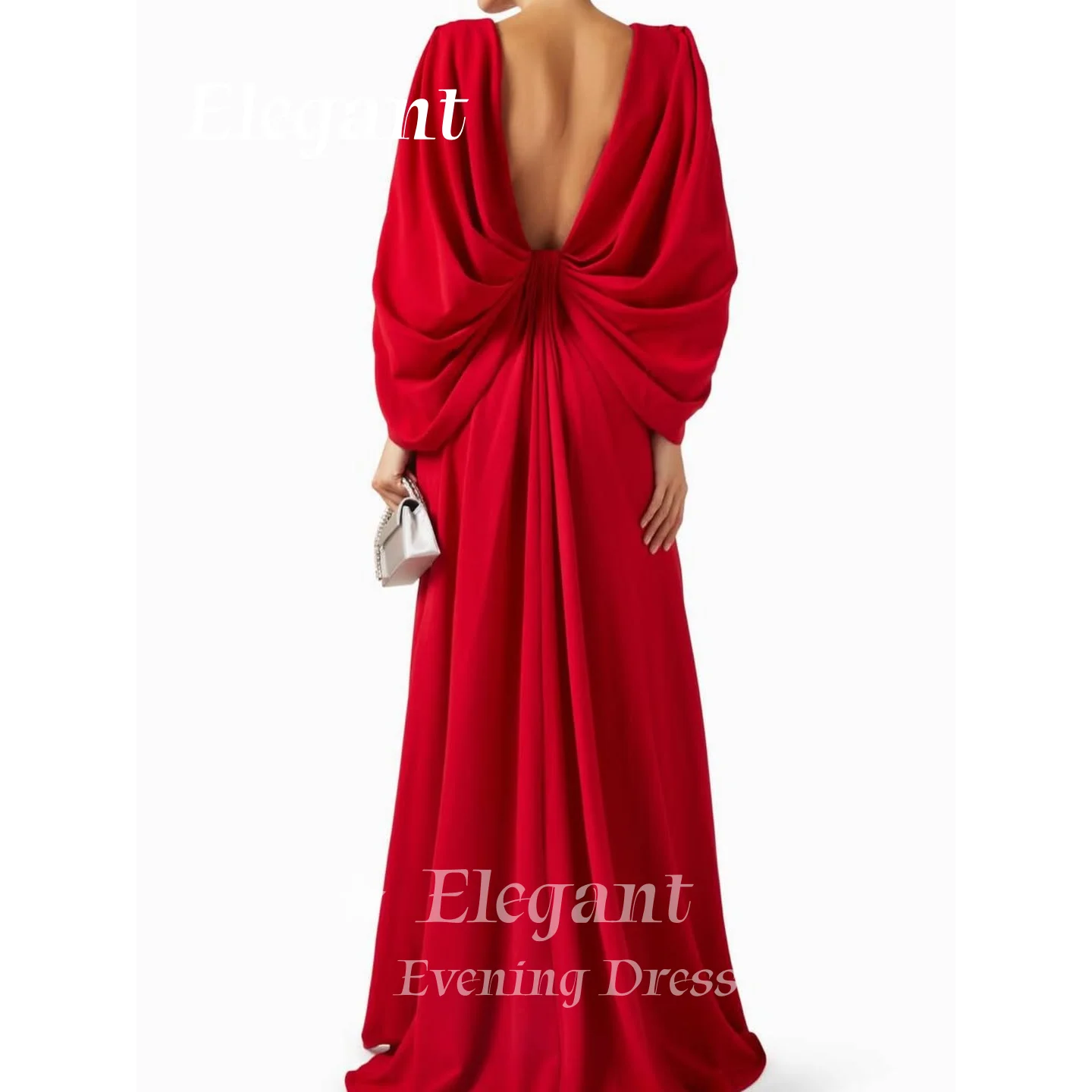 

Red Backless Prom Dresses Pleated Satin Backless Evening Dress Customized Straight Long Sleeves Floor Length Formal Party Dress