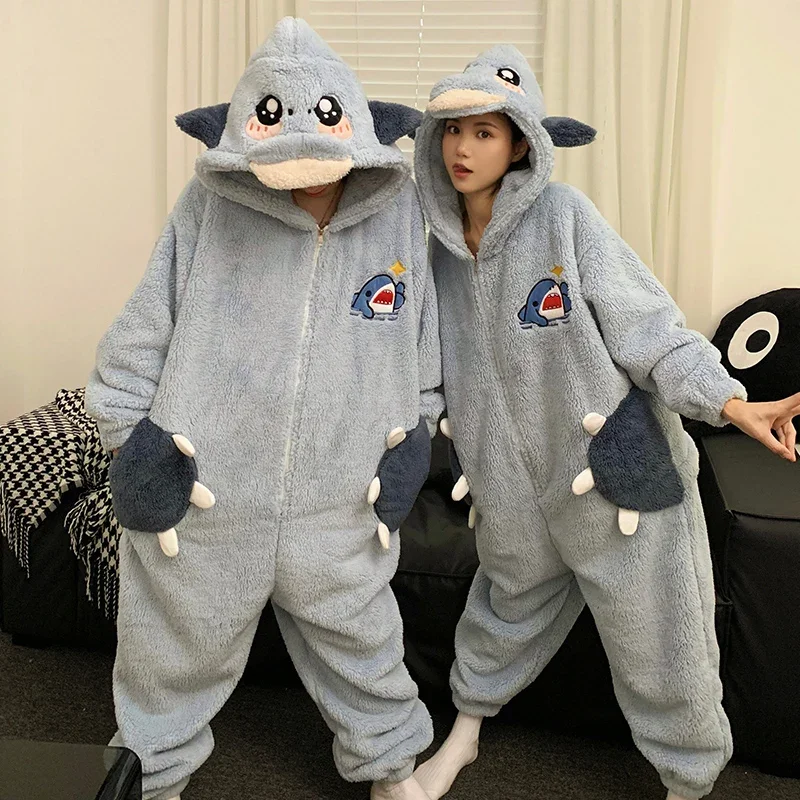 Kigurumis Shark Sleepwear Women Men Pajamas Onesie Winter Thicken Pyjama Jumpsuit Kawaii Zipper Funny Cute Couples One-piece