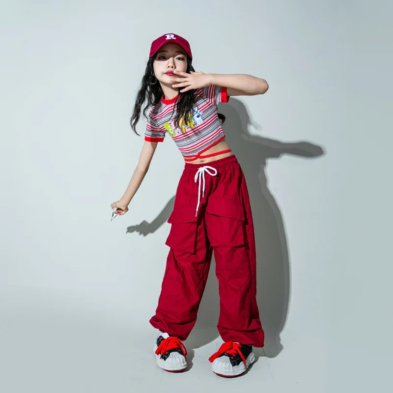 Criança hip hop roupas bonito listra rendas até colheita topo t camisa vinho vermelho rua jogger calças de carga para menina jazz dança traje roupas