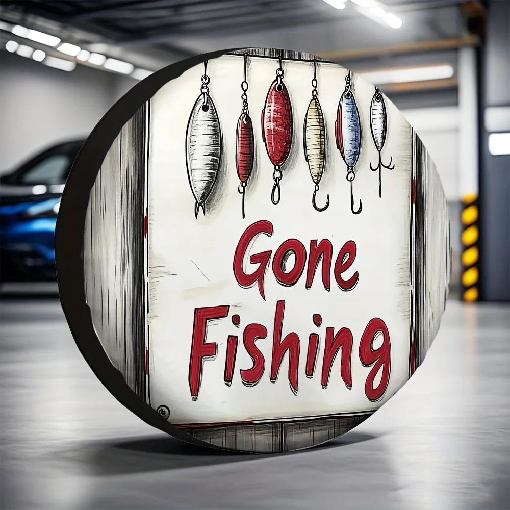 1pc, Spare Tire Covers With A 'Gone Fishing' Design, Made From Versatile 100% Polyester, Suitable For Outdoor Parking Without El