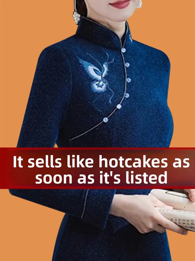 

Ele Embroidered Thi Winter Qipao Dr for Mom Middle-Aged Women Sli Chinese Sle Long Qipao Dr for Daily Wear