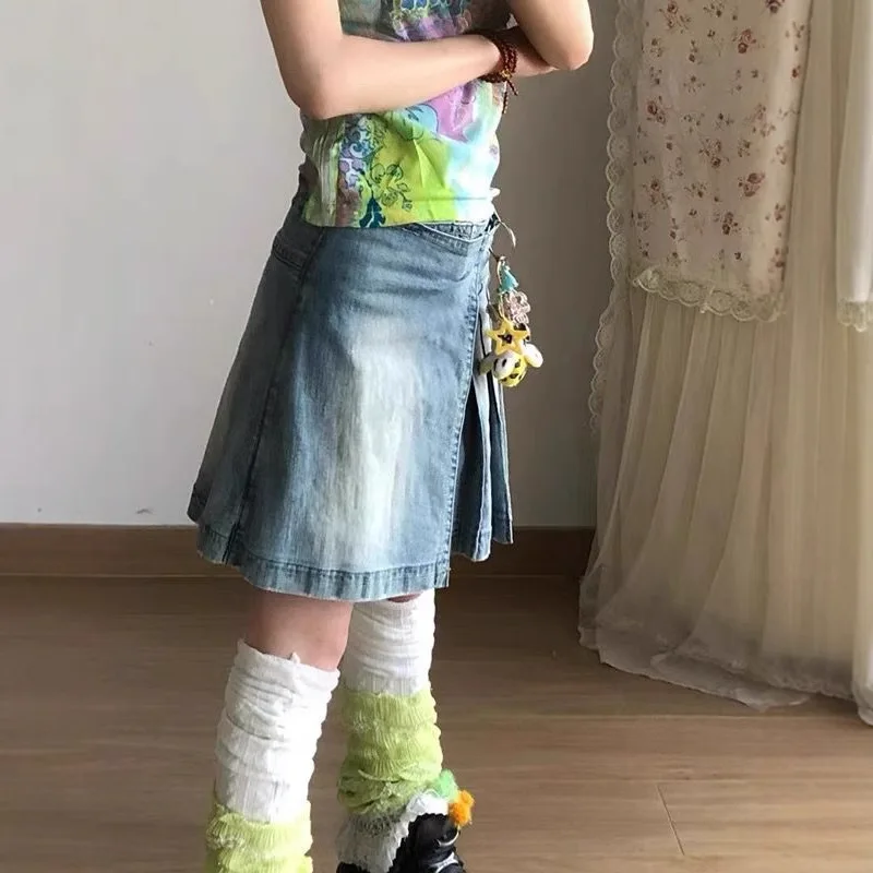 American Retro Old Washed Irregular Pleated Denim Skirt Children Y2k Hot Girl Skirt