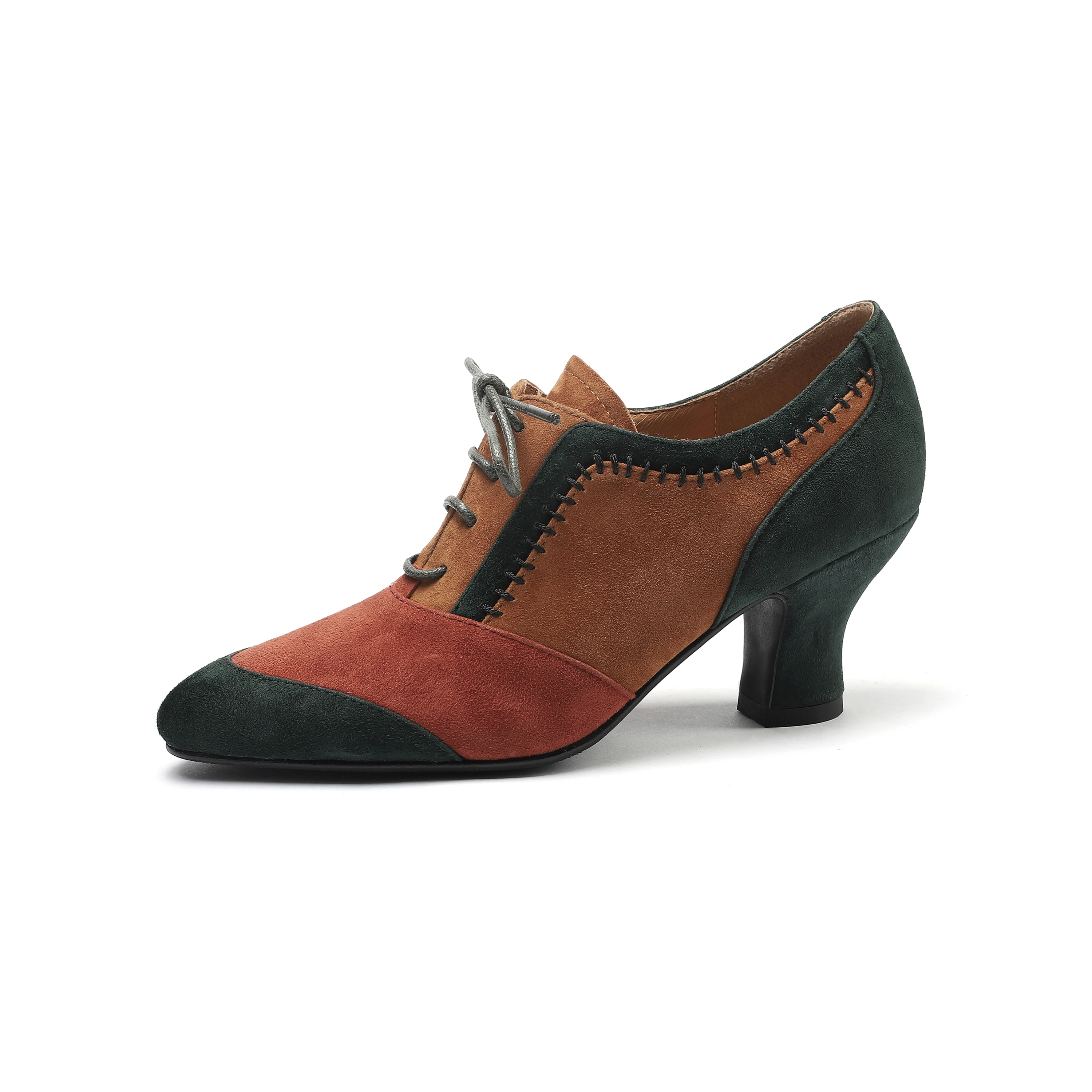 Vintage Women Leather Oxfords Retro High Thick Heels Brogues Brown Black Round Toe Party Dress Office Lady French Style Lace Up