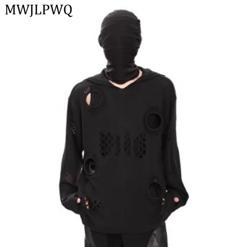 

MWJLPWQ Dark High Street Distressed Hollow Knit Hooded Sweater Men Fashion Loose Deconstructed Design Casual Hoodie Autumn 11476
