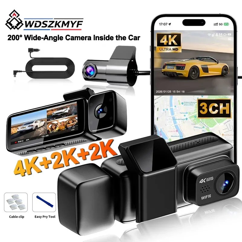 4K Dash Cam 2/3 Channel Car DVR Front Rear Inside 4K+2K+2K 200° fisheye Night Vision G-Sensor 24H Parking Monitor