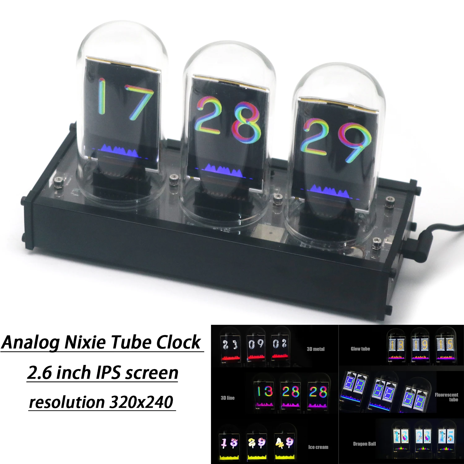 

Analog Nixie Tube Clock 2.6 inch IPS WIFI Clock Electronic Desktop 12/24 Hour display TIME Voice music spectrum Digital Clock