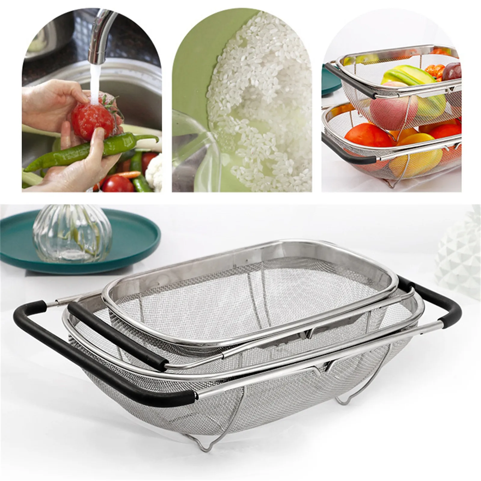 Multifunctional rice washing drain basket oval stainless steel vegetable washing filter retractable border drain net