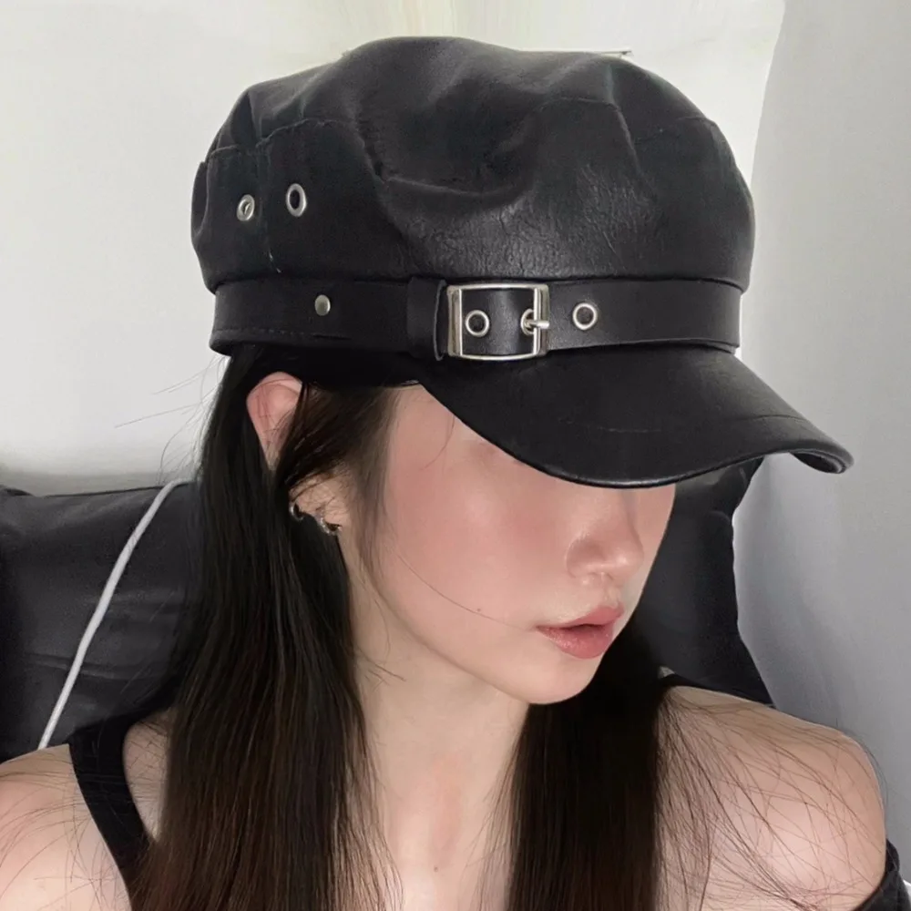 Vintage-Baskenmütze aus PU-Leder für Damen, verstellbare Metallschnalle, britischer Stil, Malermütze, Künstlermütze, Kopfbedeckung, Retro-Newsboy-Mütze