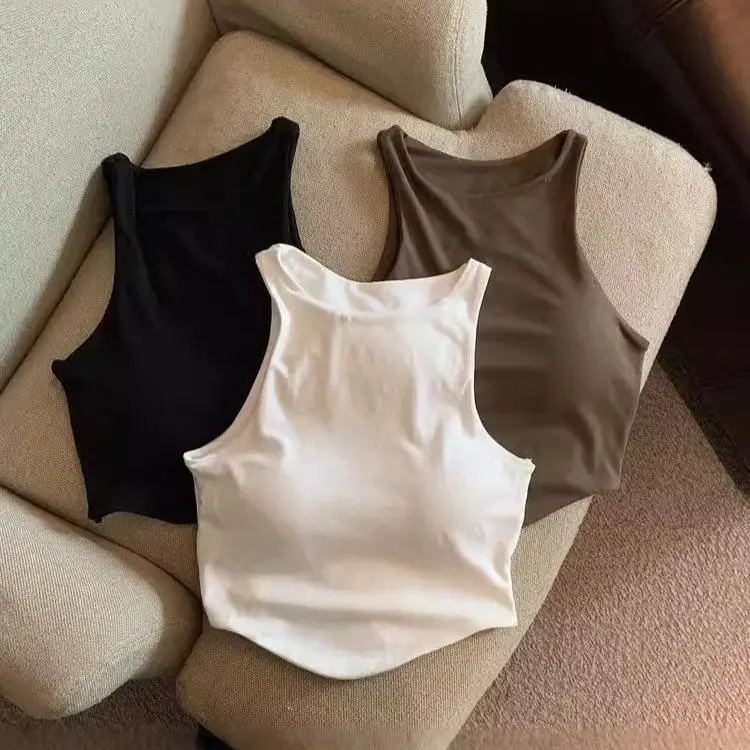 

American Style Short Sleeveless Tank Top Women's Sexy Backless Crop Top with Chest Pad Strap Vest Sweet And Spicy Girl