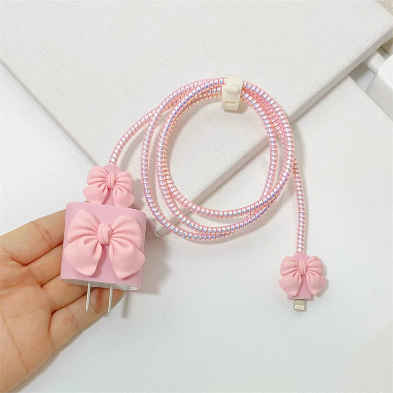 Korea Cute Pink Bow Soft Silicone Charger Case For IPhone 11 13 14 15 18W-20W Fast Charge Protection Cover Clear Charger Sleeve