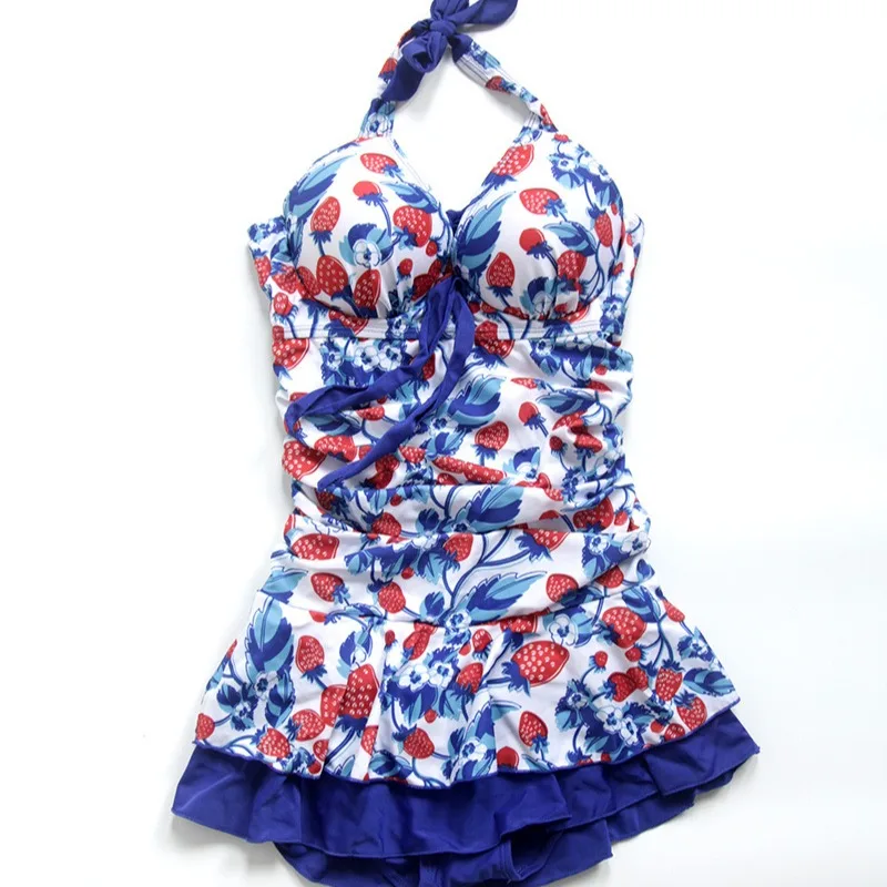 

Women Strawberry Swim Dress Blue Strawberry Print Halter Swimsuit Strawberry one piece swimsuit Cute Quality Strawberry Swimwear