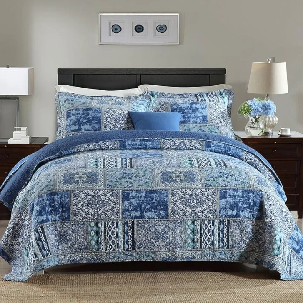 

Cotton bedspread duvet cover set - double-sided patchwork duvet cover set, blue classic bohemian pattern