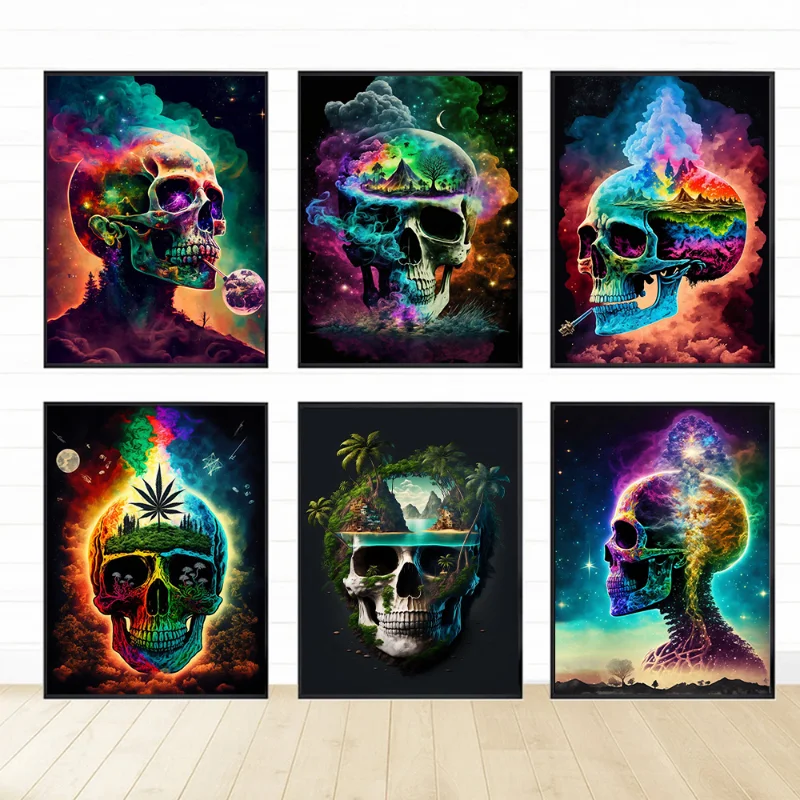 Surrealism Skull Landcape Colorful Poster Prints for Living Room Home Decor Abstract Cranium Canvas Painting Wall Art Cuadros