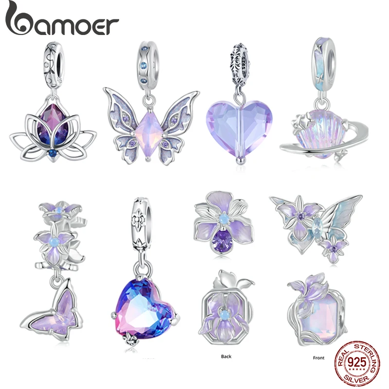 Bamoer 100% 925 Sterling Silver Romantic Crystal Butterfly Iris Charm For Women Fit Bracelet DIY Necklace Fine Jewelry Gift