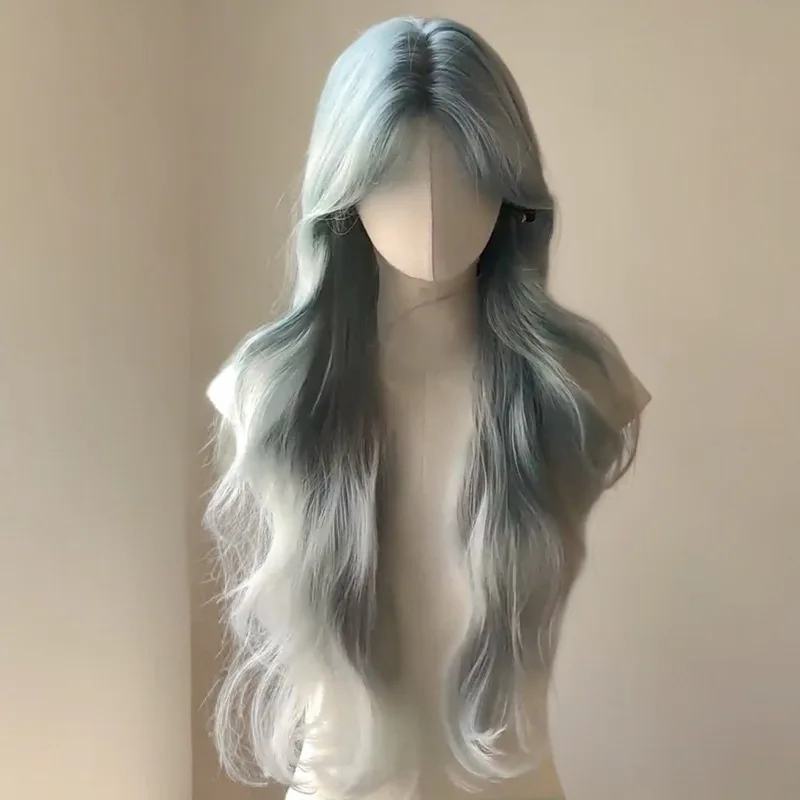 Peruka z długimi włosami dla kobiet, długie falowane włosy z niebieskim gradientem, duże fale, realistyczna i elegancka peruka na całą głowę.