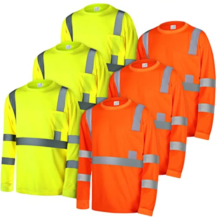 

6 Pcs Class 3 Reflective Safety High Visibility Shirt Long Sleeve with Packet Breathable