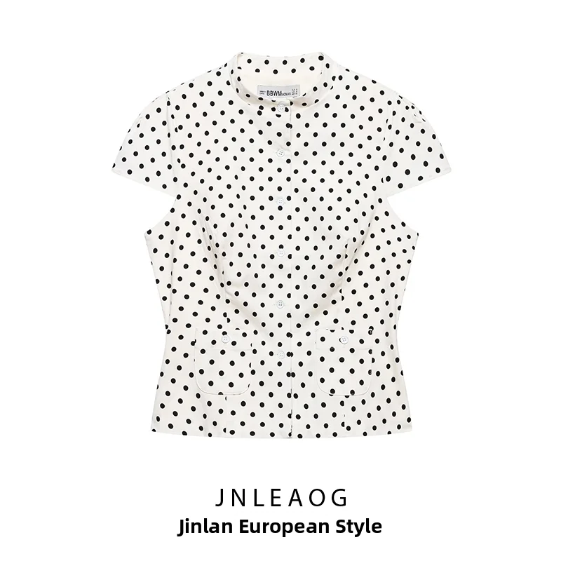 

JNLEAOG Summer New Polka Dot Pocket Decorated Women's Fashion Shirt Polyester Short Sleeve Skin-friendly Breathable