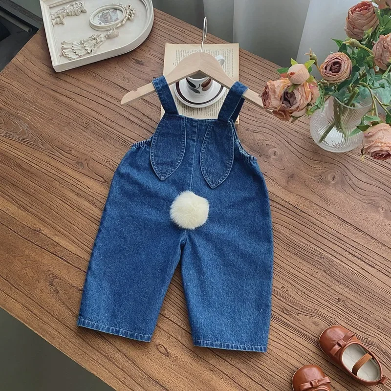 2024 Autumn New Baby Girl Sleeveless Denim Jumpsuit Toddler Girl Cute Rabbit Ear Overalls Infant Romper Kids Clothes 0-24M