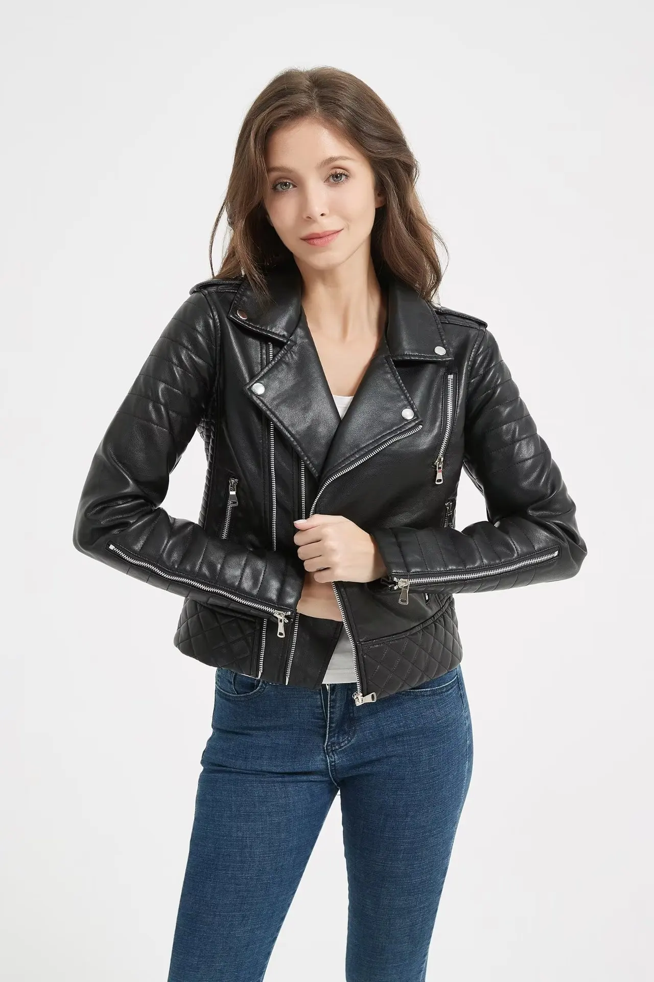 Women's PU Leather Jacket with Lapel and Motorcycle Style Jackets for Women