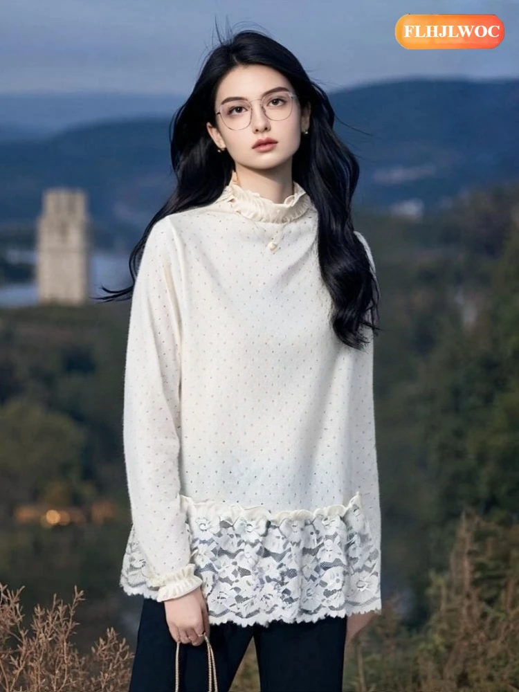 

Crochet Hollow Out White Lace Tops Blouses Cute Girls Woman 2026 Spring Basics Shirts Ruffles Belly Half Turtleneck Peplum Top