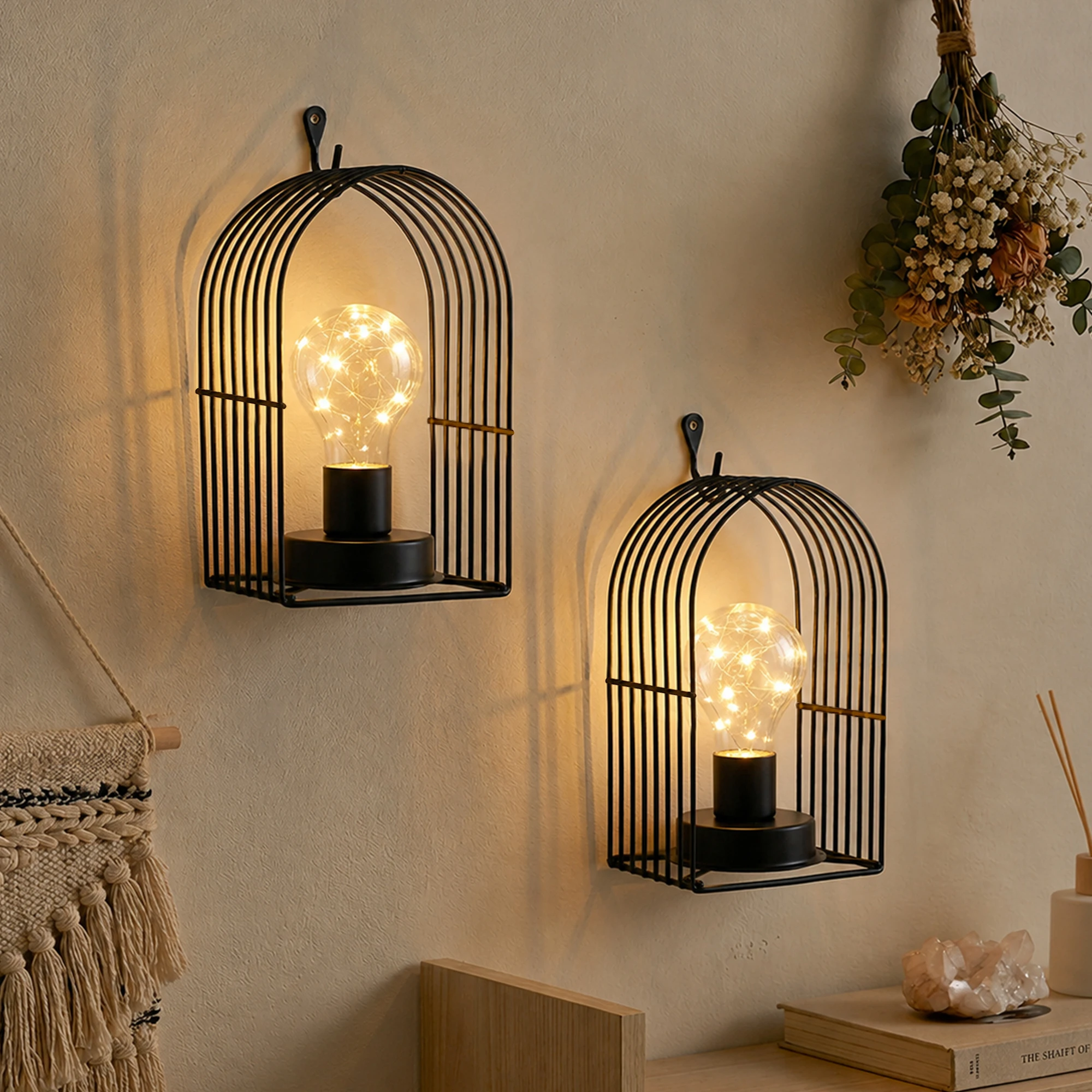 Set of 2 Battery Operated Lamp 7''H Unique Cordless Wall Sconce Metal Wall Mount Lamp with 6-Hour Timer  Fairy Lights