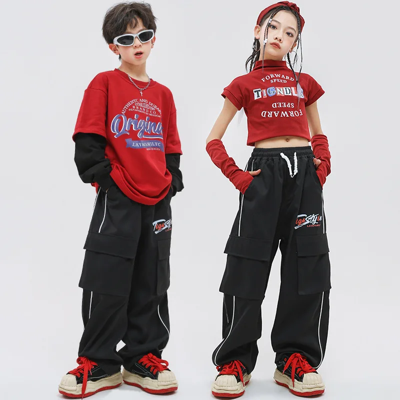 

Kid Hip Hop Clothing Wine Red Sweatshirt Crop Top T Shirt Vest Black Casual Cargo Pants for Girl Boy Jazz Dance Costumes Clothes