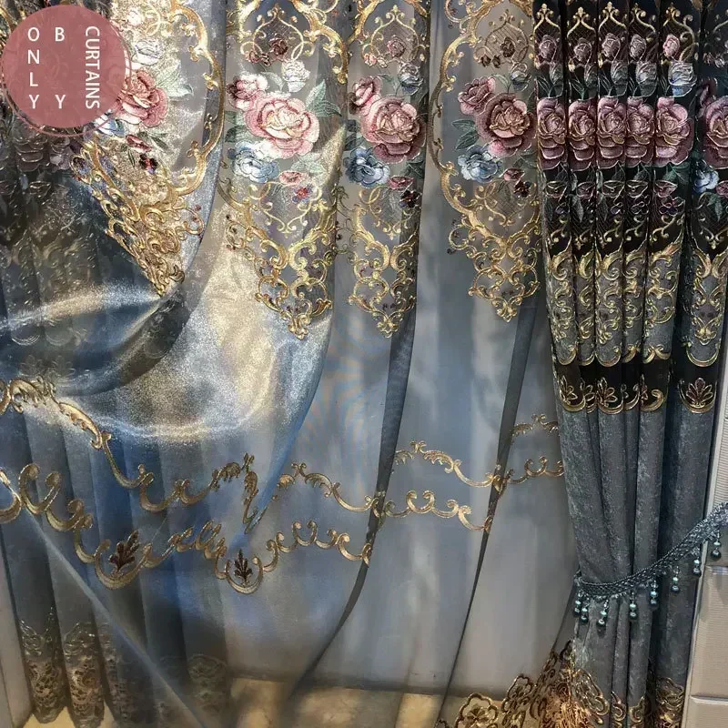 Magas légnyomású levegő fokozatú Összeesés Szürke Kék szín embroidered Zsenilia curtains számára Eleven szoba Hálószoba embroidered Tüll Szokás Szegélykő Nyárilak