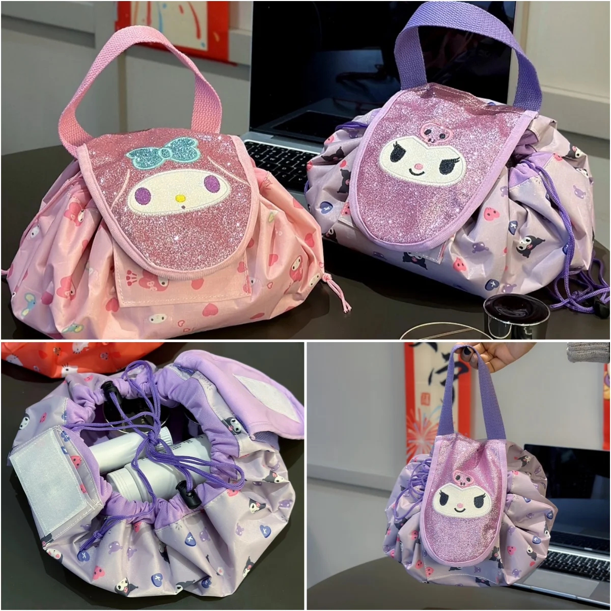 

Sanrio Kuromi My Melody Large Capacity Drawstring Bag Hello Kitty Pom Pom Purin Cosmetic Bag Handbag Travel Storage Bag Girl