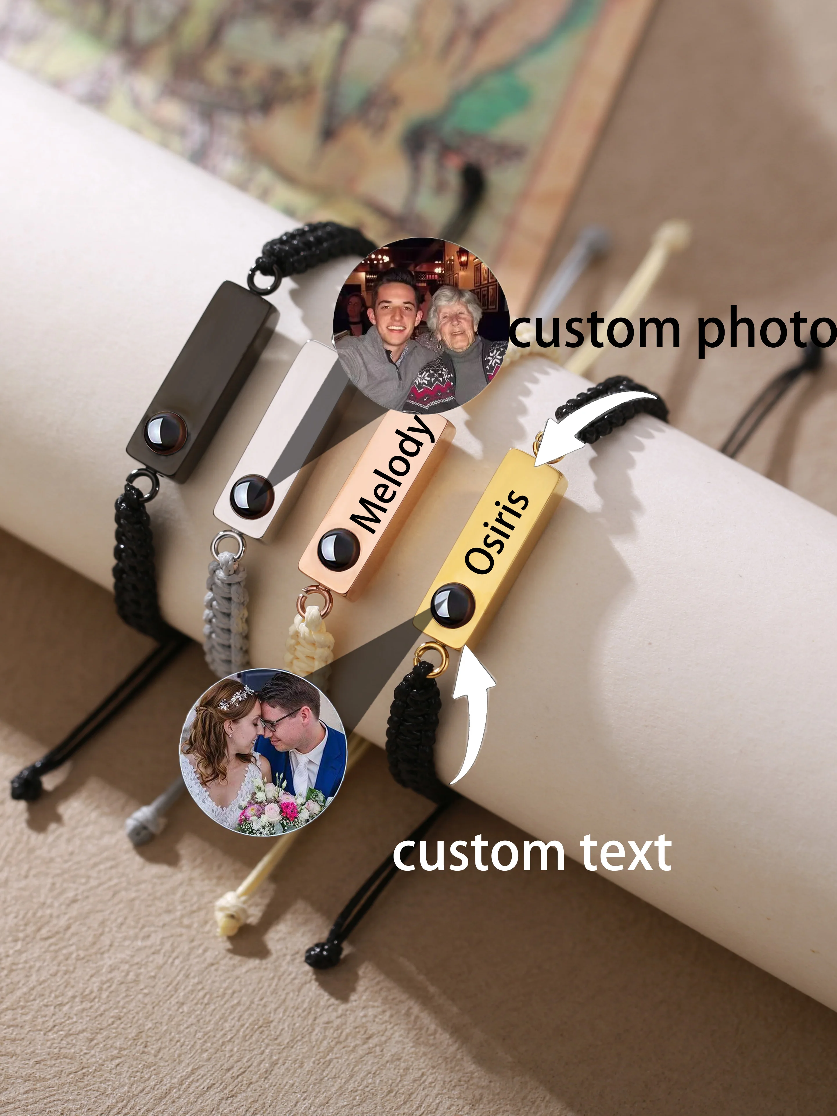 

Индивидуальный браслет из веревки ручной работы с красочной фотопроекцией, персонализированная гравировка для семьи, друзей, пары, подарок на память