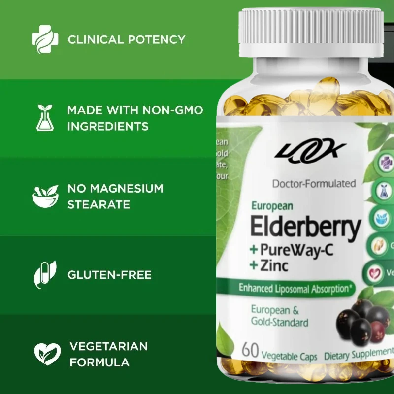 European Elderberry Extract, Vitamin C Zinc - Digestive and Immune Support -60 Vegetable Capsules (30 Day Supply)