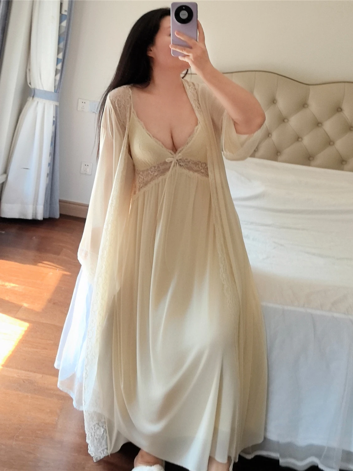 plus-size-lace-long-gown-nightgown-set-fairy-princess-style-over-knee-slip-on-sleepwear-comfortable-soft-fabric-home-use-only