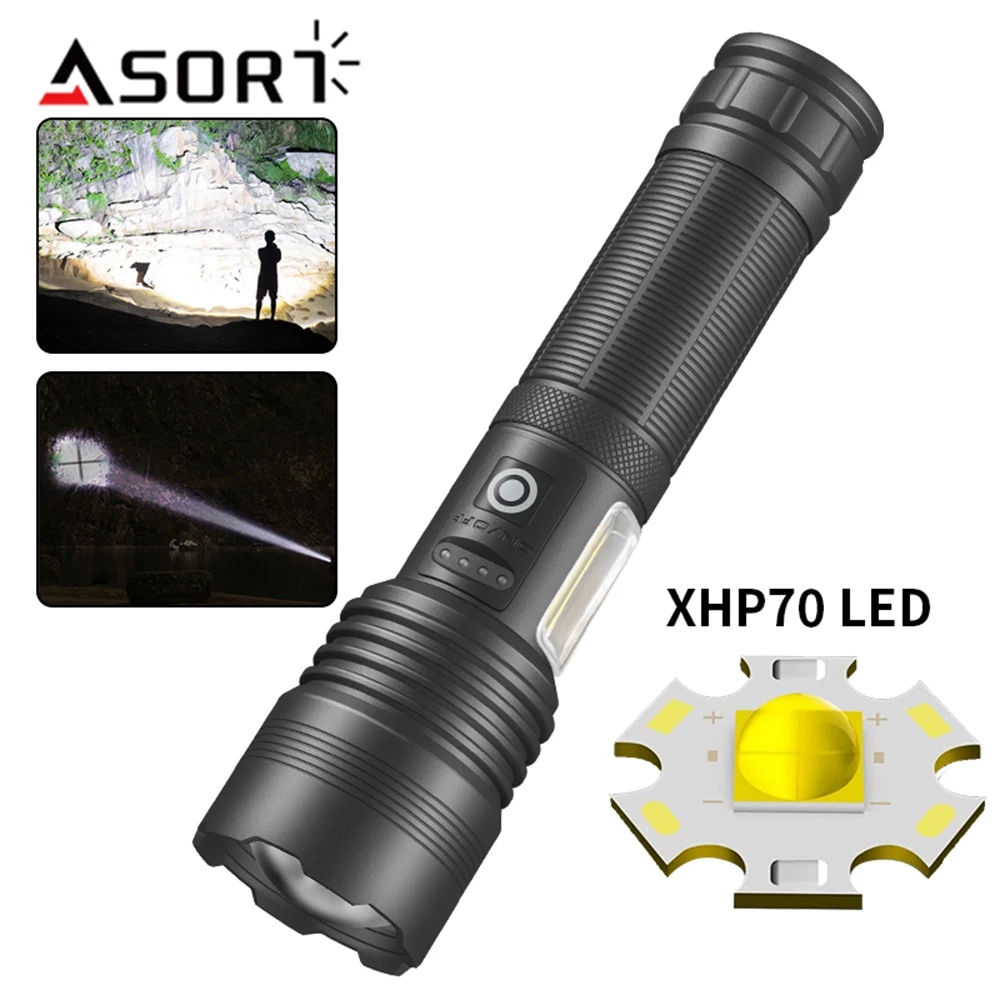 

Powerful XHP70 LED Flashlight High Power Lantern TYPE-C USB Rechargeable Zoom Tactical Torch With COB Side Light Outdoor Camping