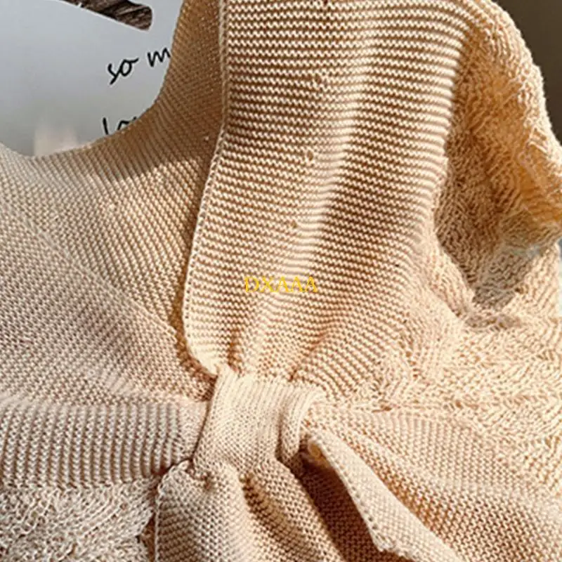 DXAA Women Spring Crochet Shawl Wrap Knitted Fish Scales Color Fake Collar Poncho Tie Knot Front Vintage Warm Scarf