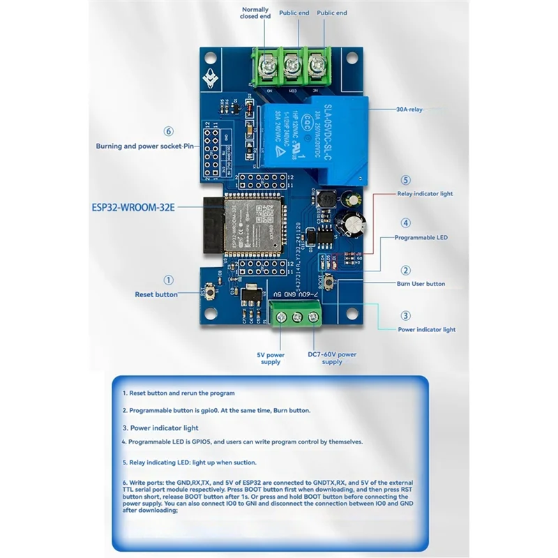 Alimentation électrique FULL-DC7-60/5V, WIFI, Bluetooth, 1 canal, Module de relais 30A, carte de développement ESP32, développement secondaire