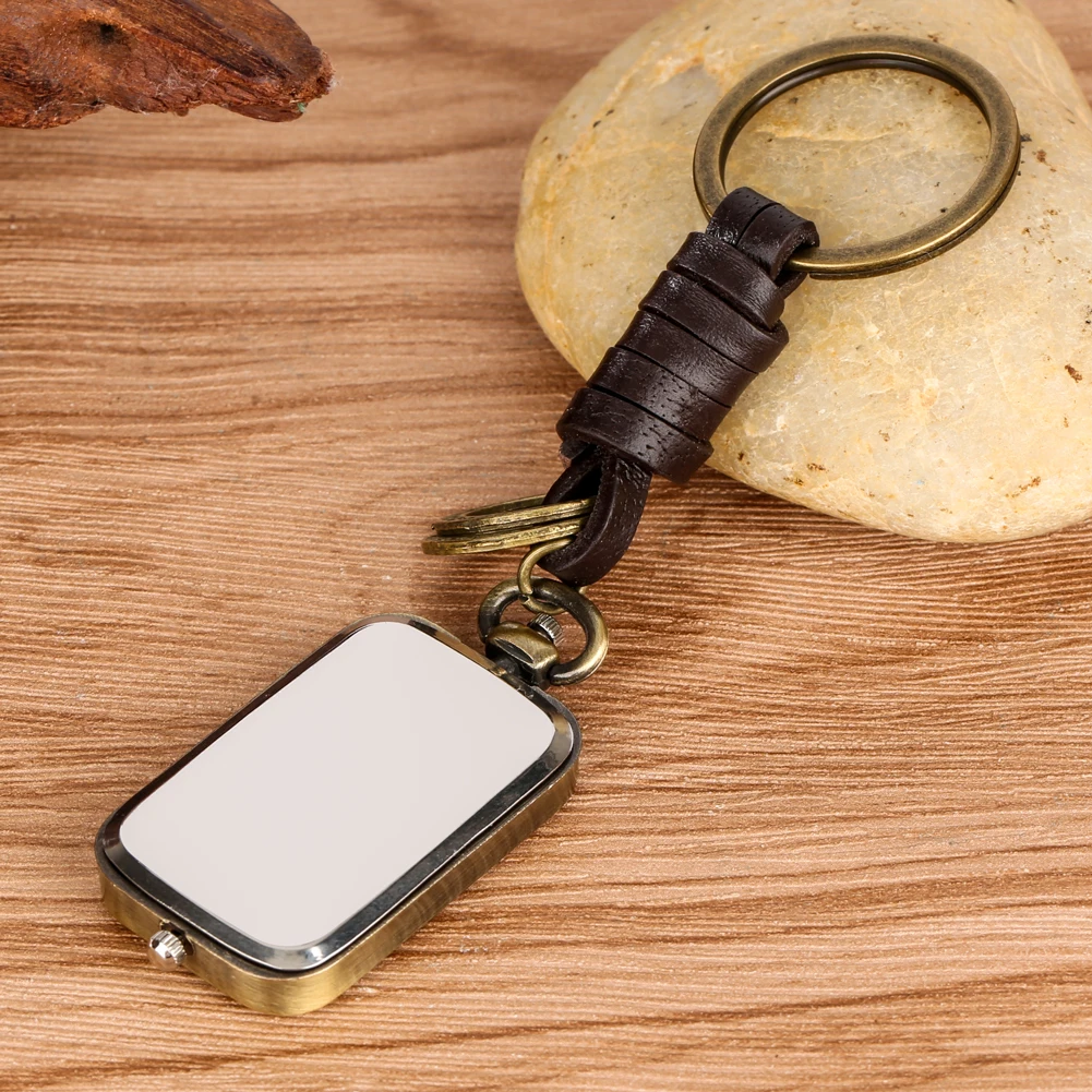 Dual Time Zone Rectangle Shaped Bronze Quartz Keychain Pocket Watch Antique Stylish Gifts Men Women