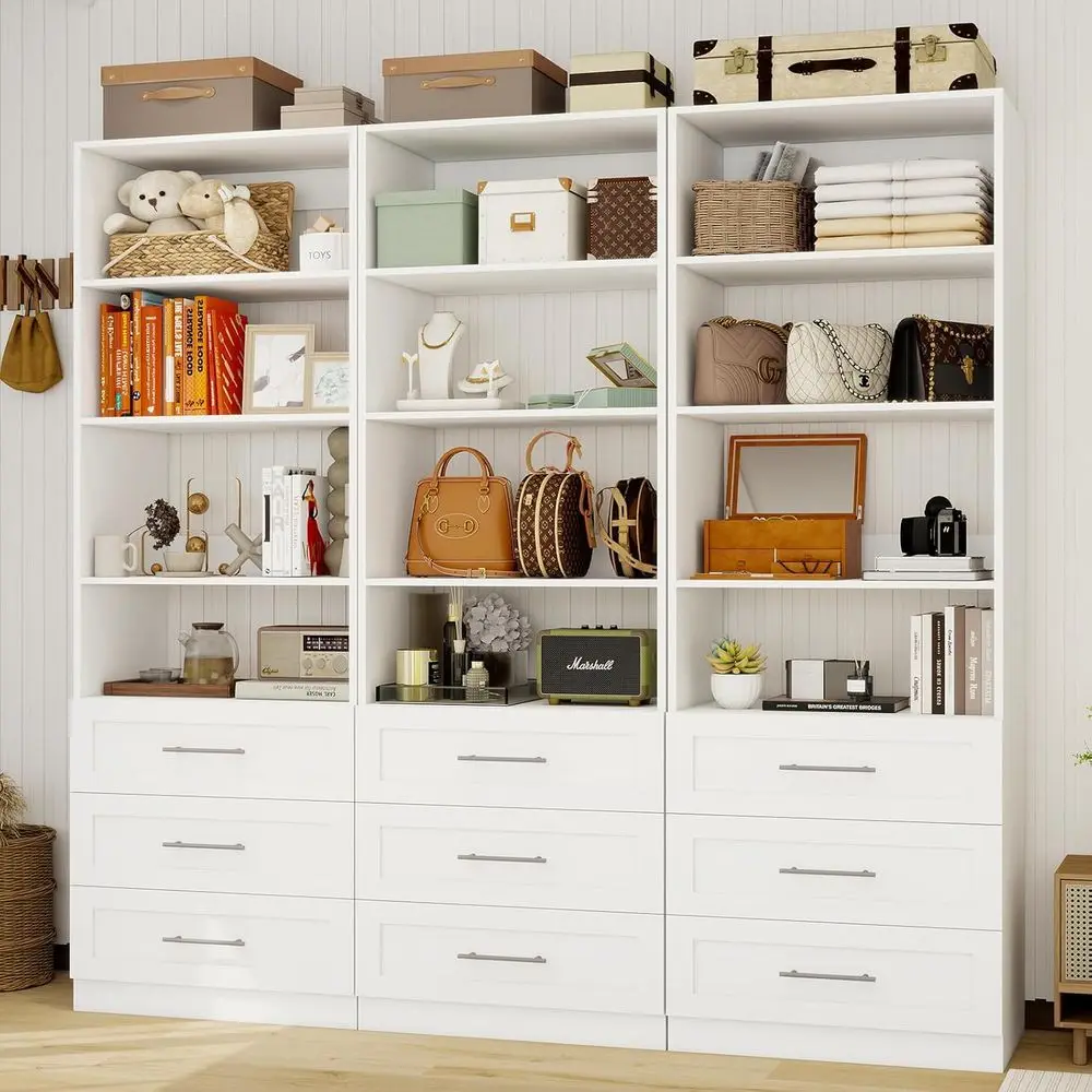 

9-Drawer & 12-Shelf Wooden Walk-in Closet Organizer System with 3 Hanging Bars, White