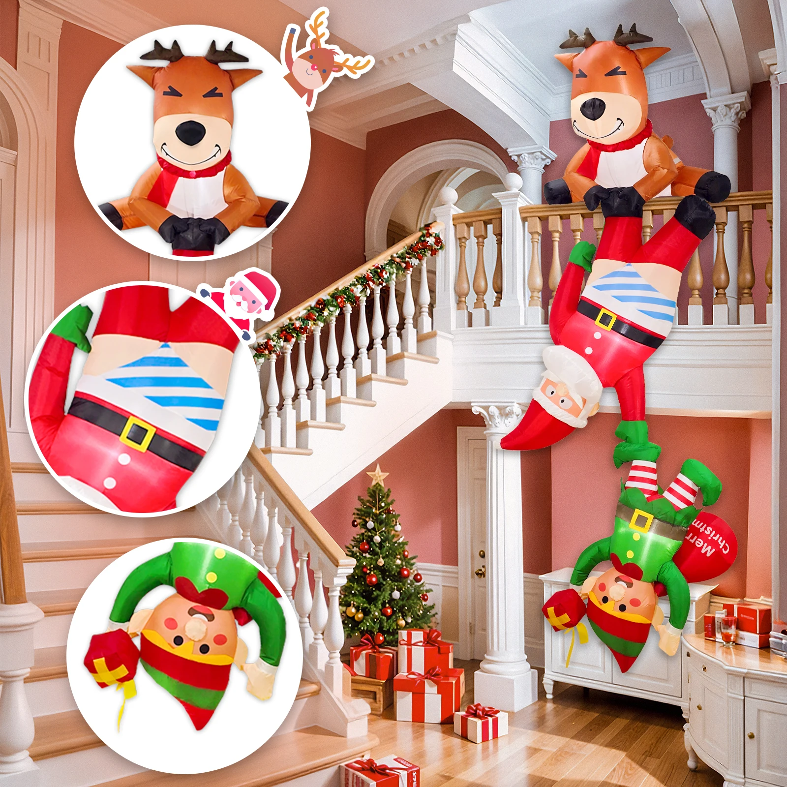 8FT Inflatable Christmas Decorations Outdoor, Funny Christmas Inflatables Reindeer Pulling Climbing Santa and Falling Elf Decor - view 4