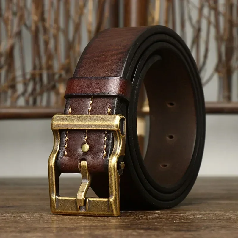 

3.8CM Pure Cowhide High Quality Genuine Leather Belts For Men Strap Male Brass Buckle Fancy Vintage Jeans Cowboy Thicken Cintos