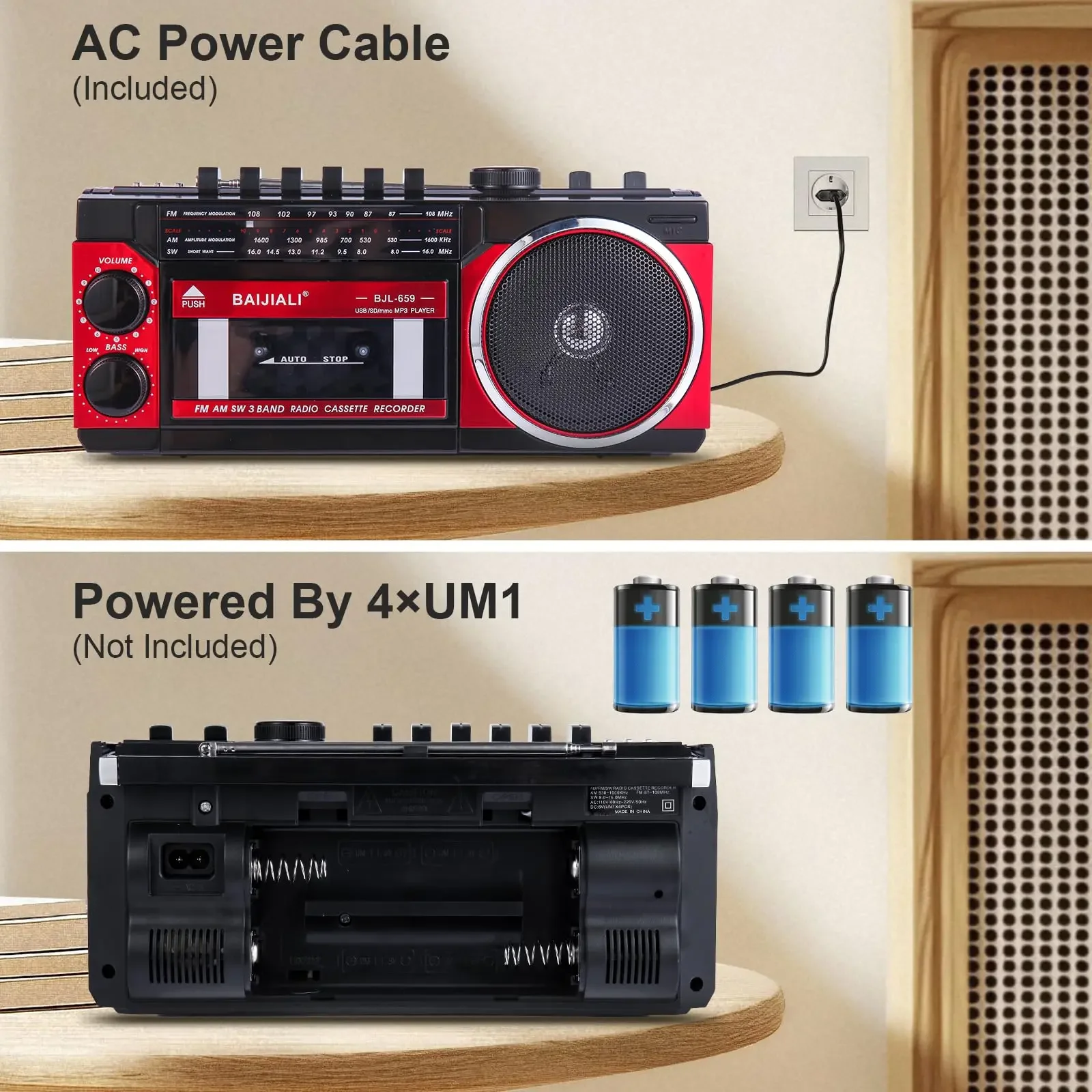 

Кассетный плеер 3-в-1, радиомагнитофон, Bluetooth 5,0, музыкальный плеер с портом USB/SD, питание от переменного тока и батареи для домашней туристической камеры